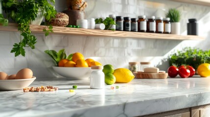 A view of a kitchen counter with a variety of vitamins and supplements, representing a commitment to nutritional supplementation.