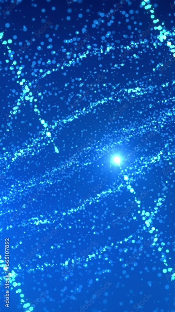 Poster luminous particles move in wavy stream. motion. wavy streams of energy with pollen and moving balls.