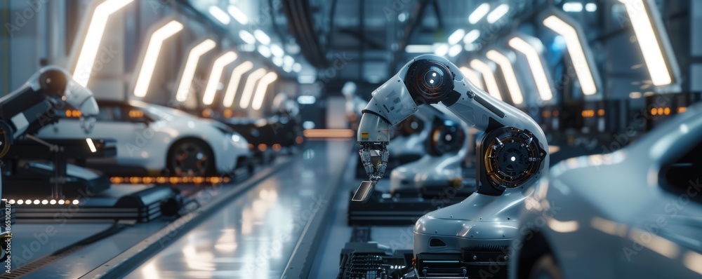 Aufkleber high-tech factory with robotic arms assembling cars in automated production line