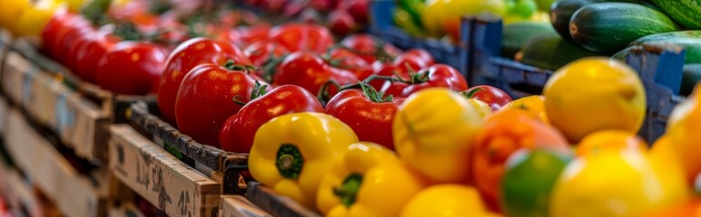 Colorful array of fruits and vegetables displayed at the market stand, perfect for vegan and vegetarian diets