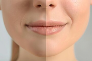 A person with a close-up of their lips showing a detailed comparison of the natural lips before and the fuller more defined lips after filler injections