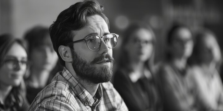 A person wearing glasses sits among a group, ready to lead a conversation or presentation