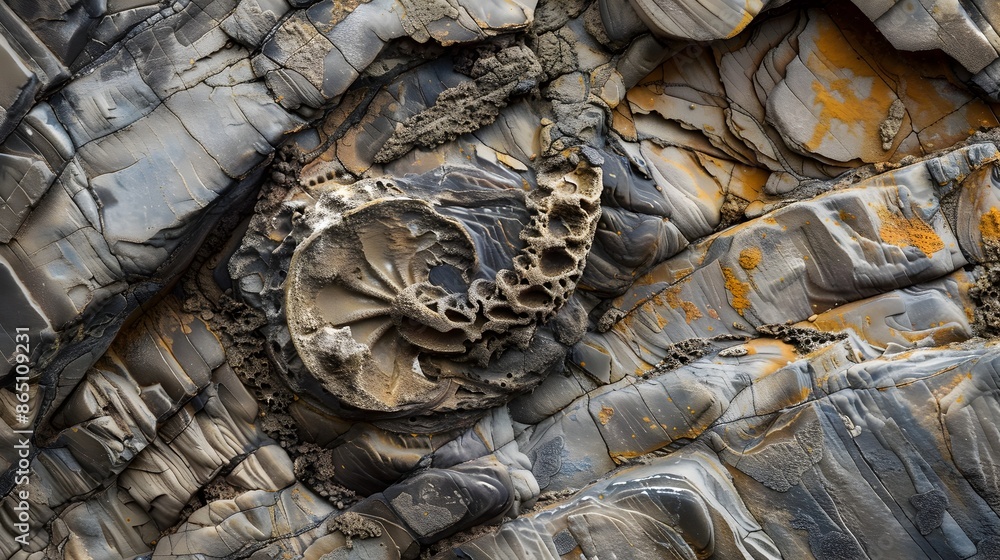 Poster detailed fossil embedded in sedimentary rock formation