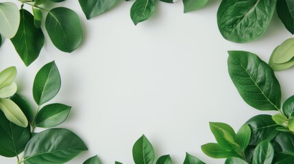 A white background framed by a vibrant green foliage border, creating a clean and minimalistic look. The ample copy space is ideal for personalized messages or designs.