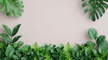 Naklejka premium A fresh and modern layout with a green foliage border encasing a plain background, offering plenty of copy space. The minimalist style emphasizes the lush greenery.