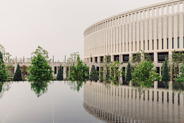 Football stadium and pond with reflection in Krasnodar city