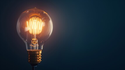 A single lightbulb with a glowing filament, against a dark navy background.