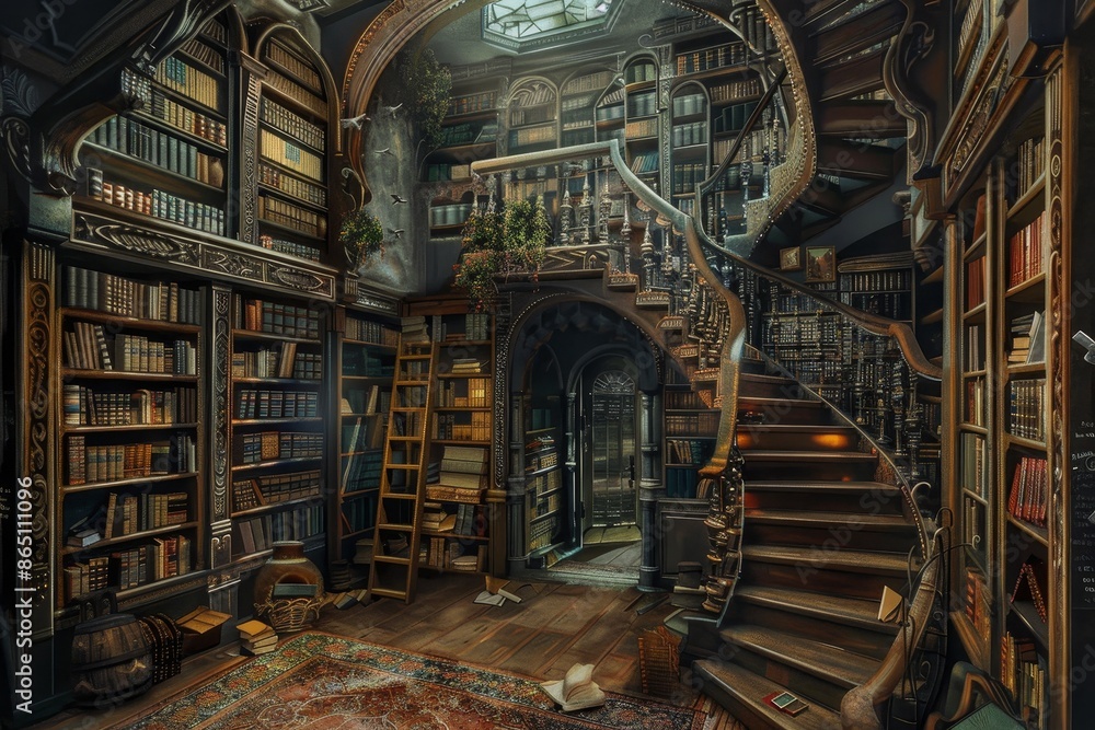 Poster oil painting depicting a detailed staircase within a library setting, a virtual library with endless