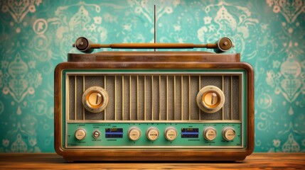 A vintage radio with dials and knobs, against a retro green background.