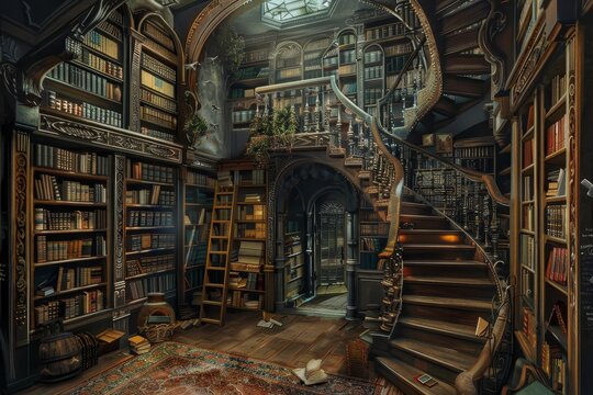 Oil painting depicting a detailed staircase within a library setting, A virtual library with endless resources on every subject imaginable