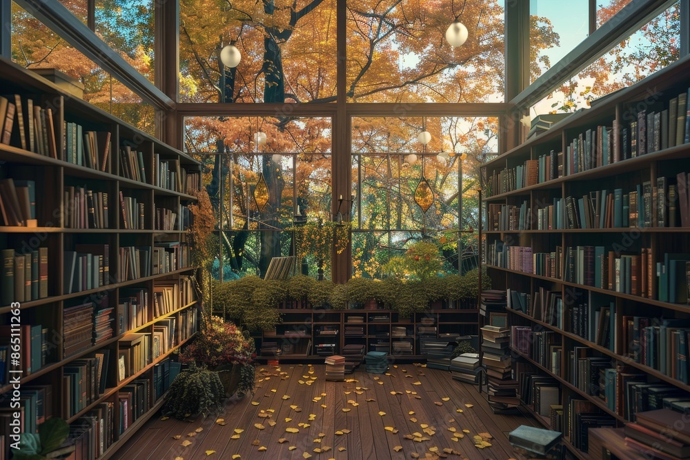 Poster a library filled with numerous books next to a window, creating a cozy reading nook, a virtual libra