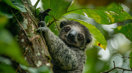 Fototapeta premium Adorable sloth climbing a tree in the forest, surrounded by lush green leaves, appearing playful and curious.