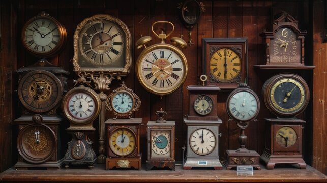 A collection of antique clocks with Roman numerals, against a rich mahogany background.