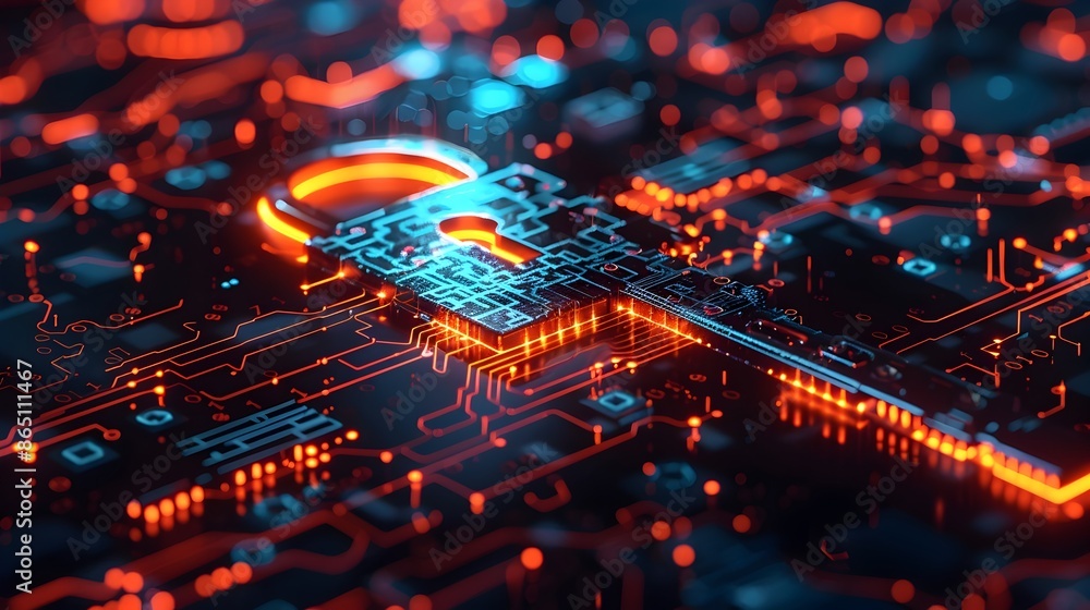 Poster digital encryption symbolized by lock and key on futuristic circuit board