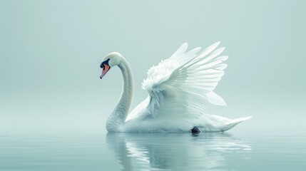 Obraz premium A graceful swan with its wings outstretched, against a serene blue background.