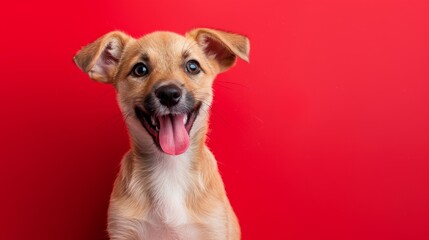 A playful puppy with its tongue out, against a vibrant red background.