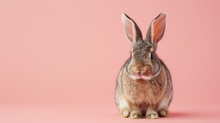 Obraz premium A fluffy rabbit with long ears, against a soft pink background.