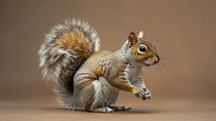 A playful squirrel with its tail twitching, against a warm brown background.