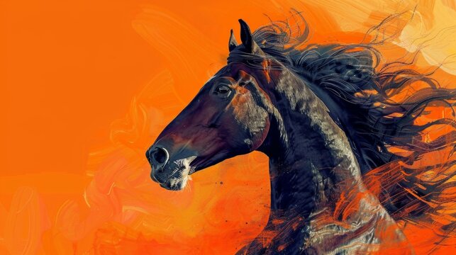 A majestic horse with its mane flowing, against a vibrant orange background.