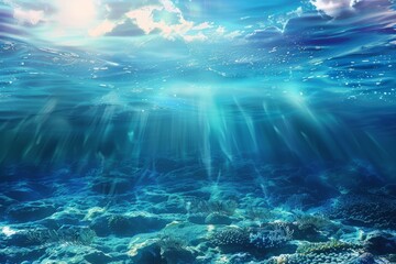 Fototapeta premium Serene underwater scene with sunlight streaming through clear blue water, illuminating a vibrant coral reef on the ocean floor.