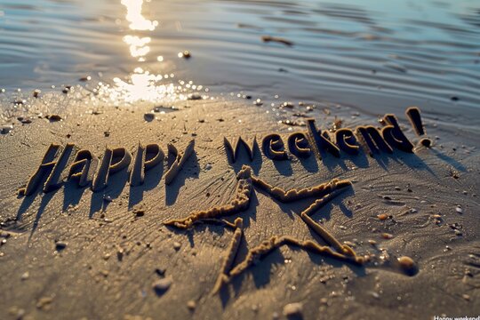 Relaxing beach scene with 'Happy Weekend' written in sand and starfish drawing. Coastal inspiration captured for leisure themes. Perfect for weekend relaxation theme projects. Generative AI