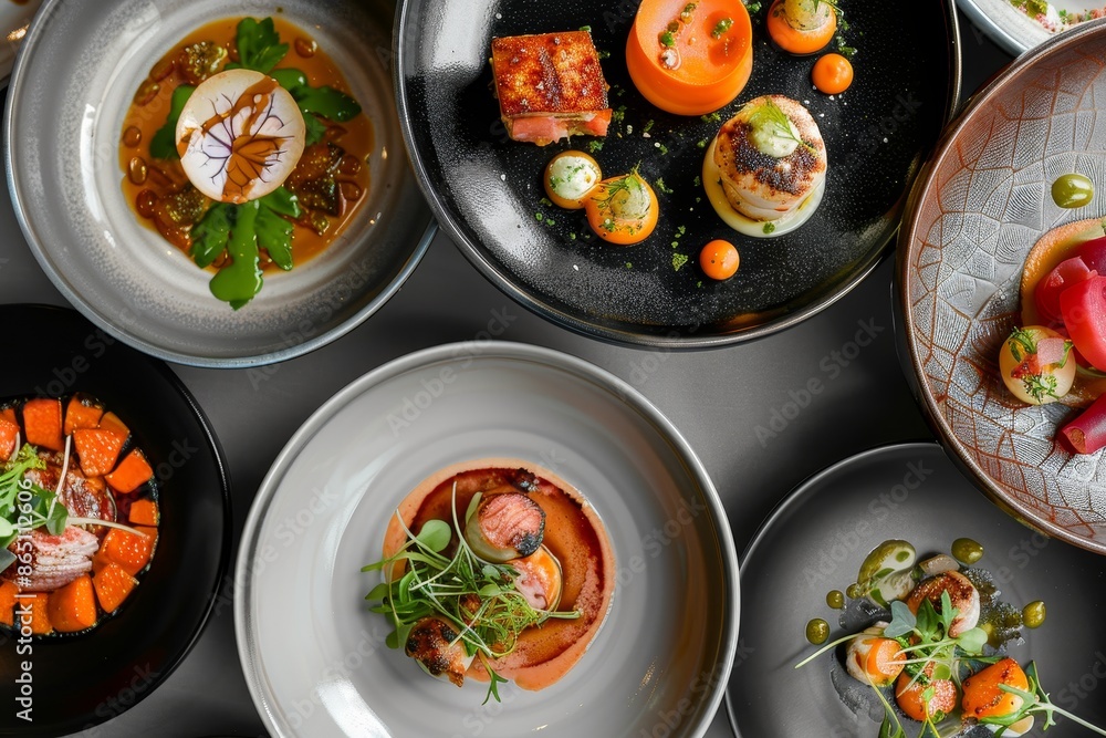 Aufkleber a diverse spread of different types of food displayed on a table, representing a range of culinary o
