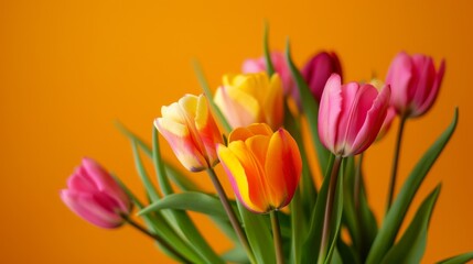 A bouquet of colorful tulips, against a vibrant orange background.