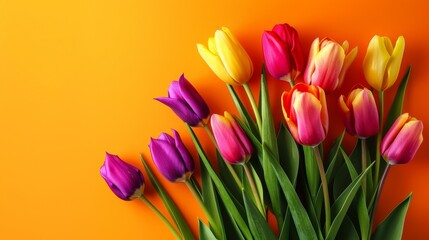 Naklejka premium A bouquet of colorful tulips, against a vibrant orange background.