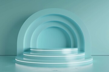 Obraz premium Minimalist teal podium or pedestal for product display with neon lights on a teal background. Concept of luxury, cosmetic, skincare, or product advertisement.