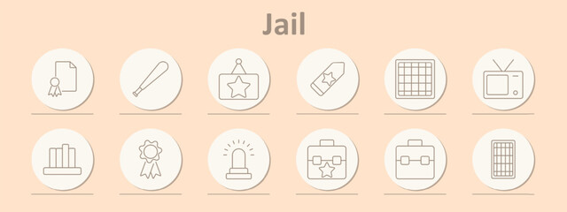 Jail icons set. Document, bat, star, tag, cell, TV, chart, badge, alarm, suitcase, grid. Line icons on beige background