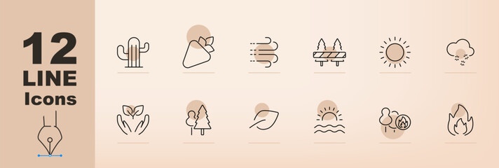 Nature and weather set icon. Cactus, mountain, wind, fence, sun, clouds, leaves, tree, leaf, sunrise, forest, fire, environmental changes, climate symbols, natural elements