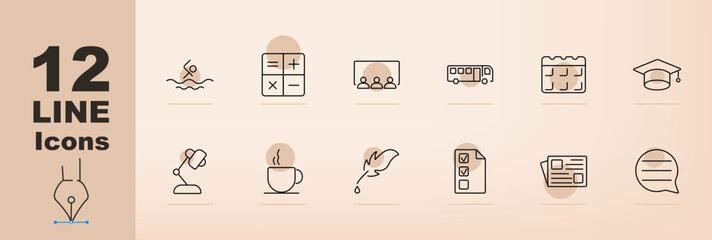 Educational set icon. Swimming, calculator, classroom, bus, calendar, graduation cap, desk lamp, coffee, feather, documents, news, speech bubble, school activities, learning tools, academic supplies