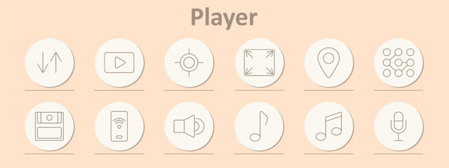 Player icons set. Play, upload, block, stop, backward, forward, record, rewind, full screen, location, music note, speaker, microphone. Line icons on beige background