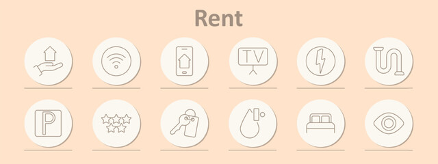 Rent set icon. Property, WiFi, mobile app, TV, electricity, plumbing, parking, rating, key, security, amenities, bed.