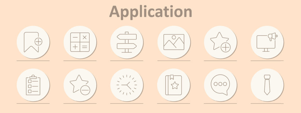 Application icons set. Bookmark, calculator, signpost, image, star, checklist, clock, book, chat, tie. Line icons on beige background.