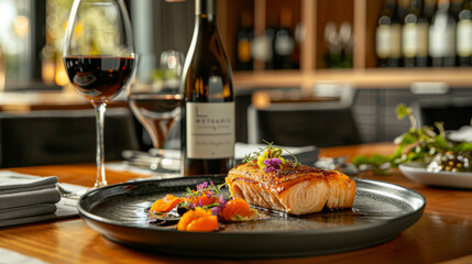 A gourmet salmon dish served with vegetables and paired with a glass of red wine in a sophisticated restaurant setting.