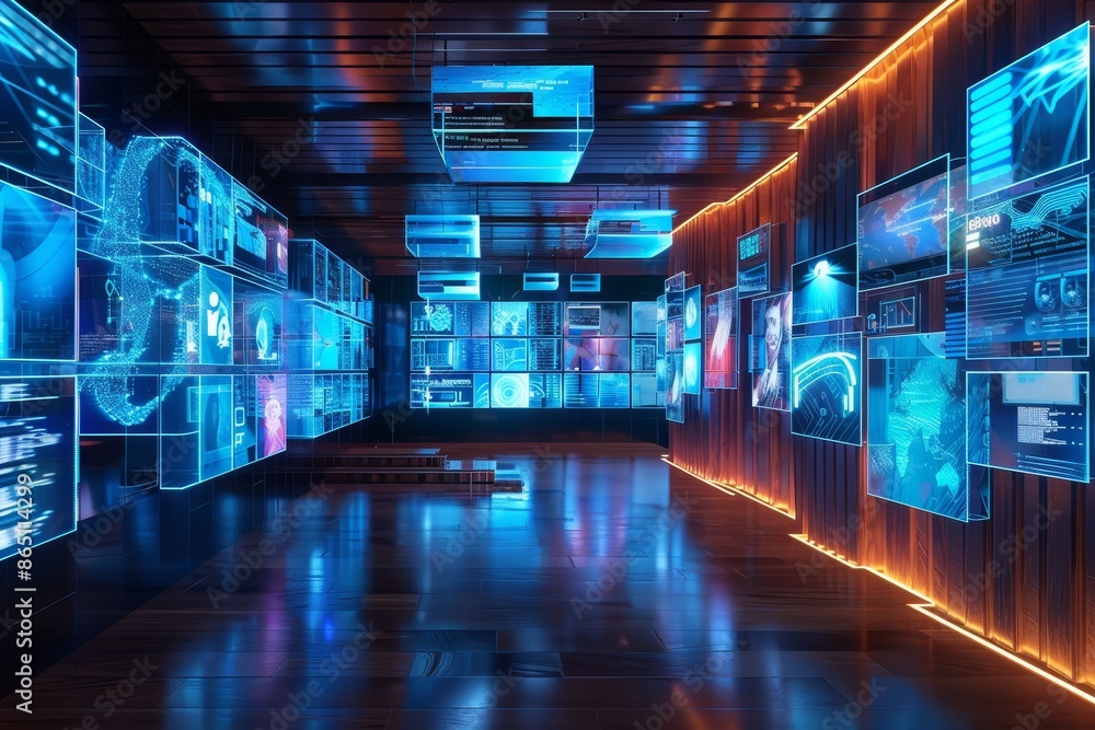 Poster a room with numerous tv screens displaying various images, creating a high-tech and immersive enviro