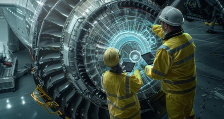 Engineers in yellow safety gear inspecting aircraft turbine engine with digital interface