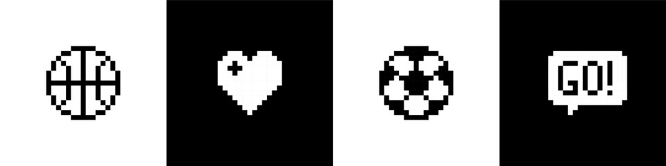 Fototapeta premium Pixels Y2k trendy playful stickers. Basketball. Soccer. Pixel speech. Abstract icons. Pixel art 8 bit design. Go, love football concept. Black and white colors. Mood of 90's aesthetics. Simple form