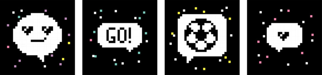 Soccer text messages illustration set. Pixel speech bubbles, chats, conversation frame. Football banner. Pixel art 8 bit design. Wow, Go, love football concept. Black and white colors. Mood of 90's