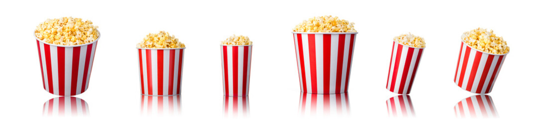 Set of paper striped bucket with popcorn isolated on white background