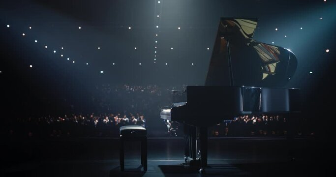 Black Grand Piano Standing on Stage in a Hall at a National Symphony. Academic Music Instrument Ready to Perform at a Classical Composers Music Festival. Arc Footage