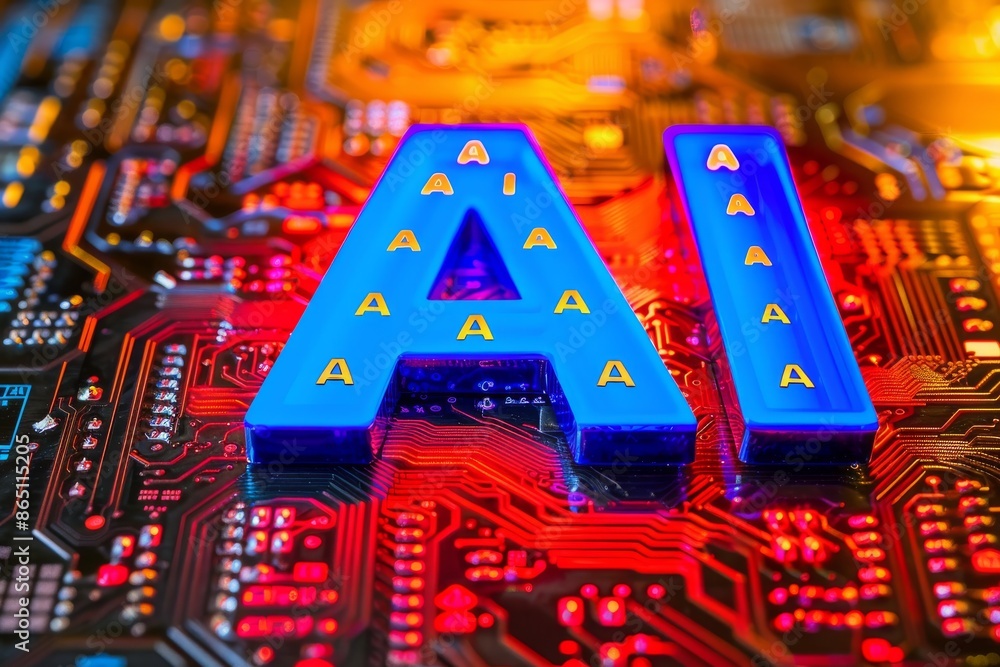 Poster neon ai circuit board with digital data elements highlighting advanced technology and future innovat