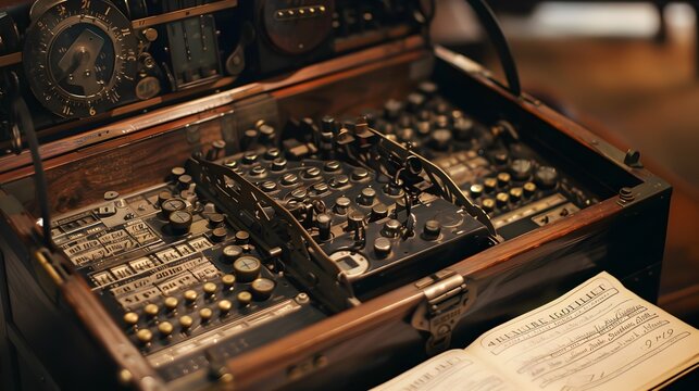 Enigma Machine with Intricate Parts and Code Sheets