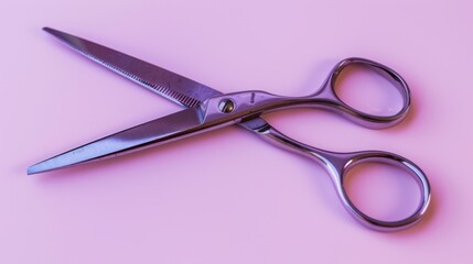 A pair of scissors with worn handles, against a soft lavender background.