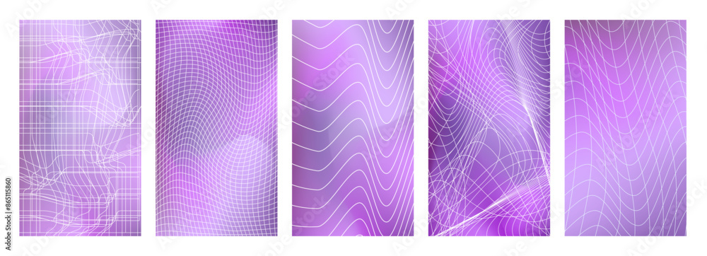 Aufkleber 3D Abstract Smooth Blurred purple Gradient backgrounds in y2k style. Social post posters set. Cyberpunk isolated posters whit Distorted grids. Vector illustration on white background