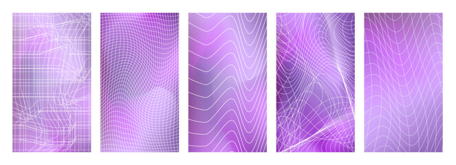 3D Abstract Smooth Blurred purple Gradient backgrounds in y2k style. Social post posters set. Cyberpunk isolated posters whit Distorted grids. Vector illustration on white background