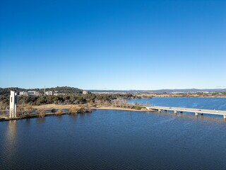 Scenic view of Lake Burley Griffin with the National Carillon and Kings Avenue Bridge in Canberra