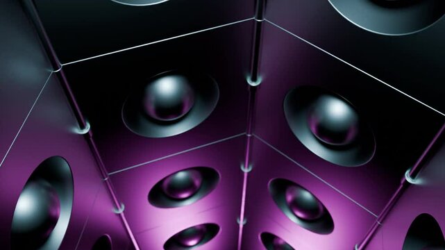Disco club party audio speaker background. Design. Purple and silver loudspeakers.