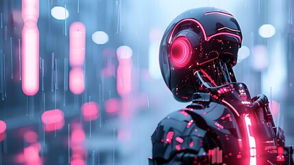 Cyborg Exoskeleton in Futuristic City with Glowing Circuitry and Neon Lights